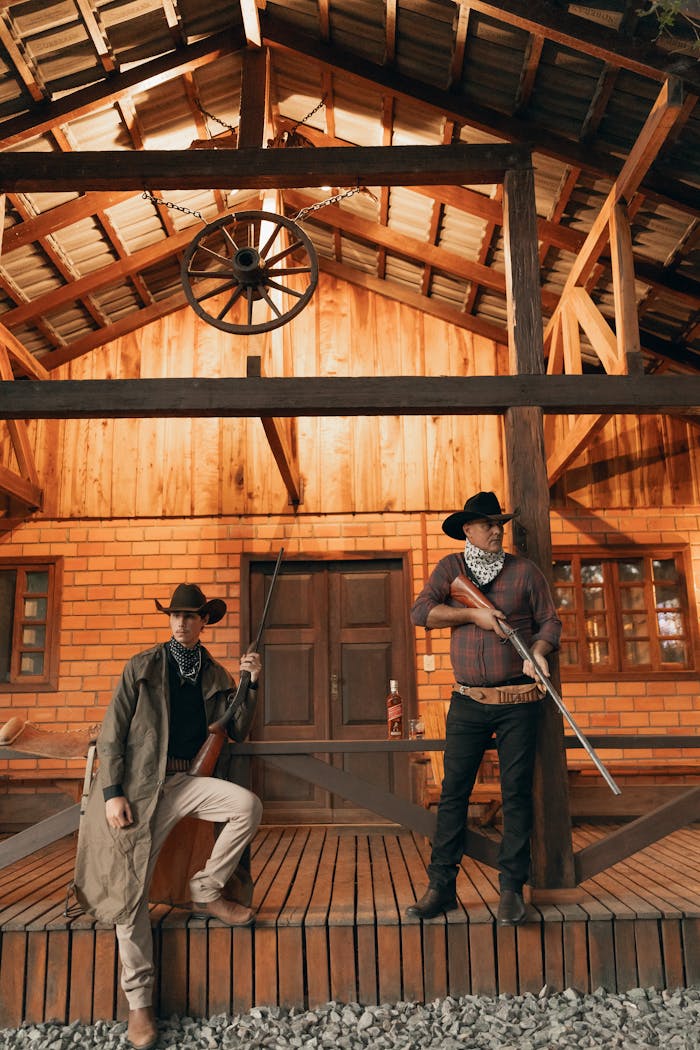 Two cowboys with bandanas and rifles stand guard at a rustic cabin, evoking a classic Western scene.