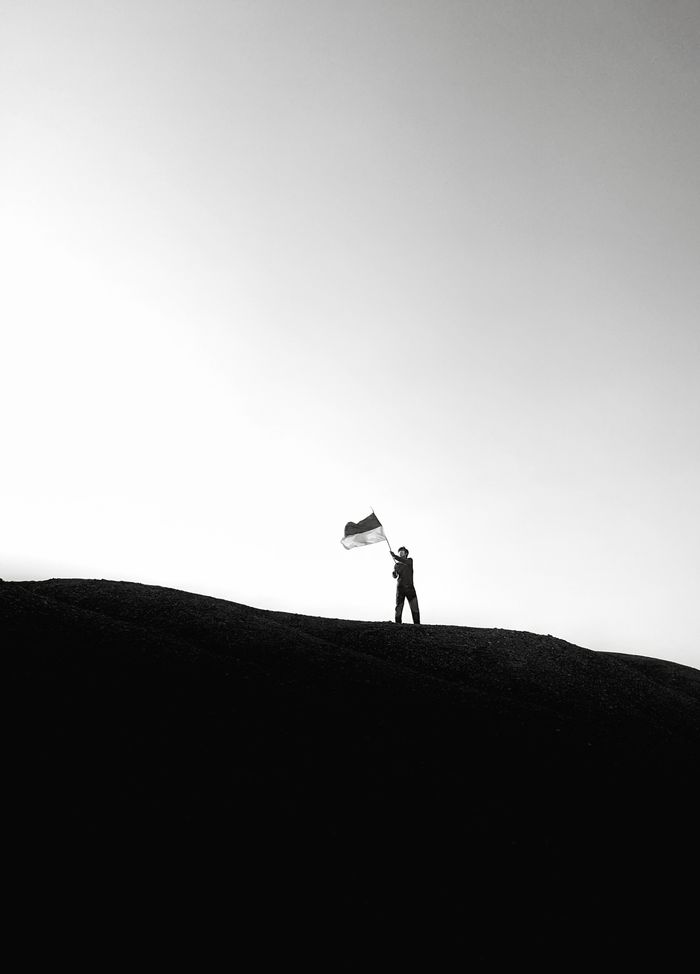 A striking silhouette of a person waving a flag atop a hill in black and white.