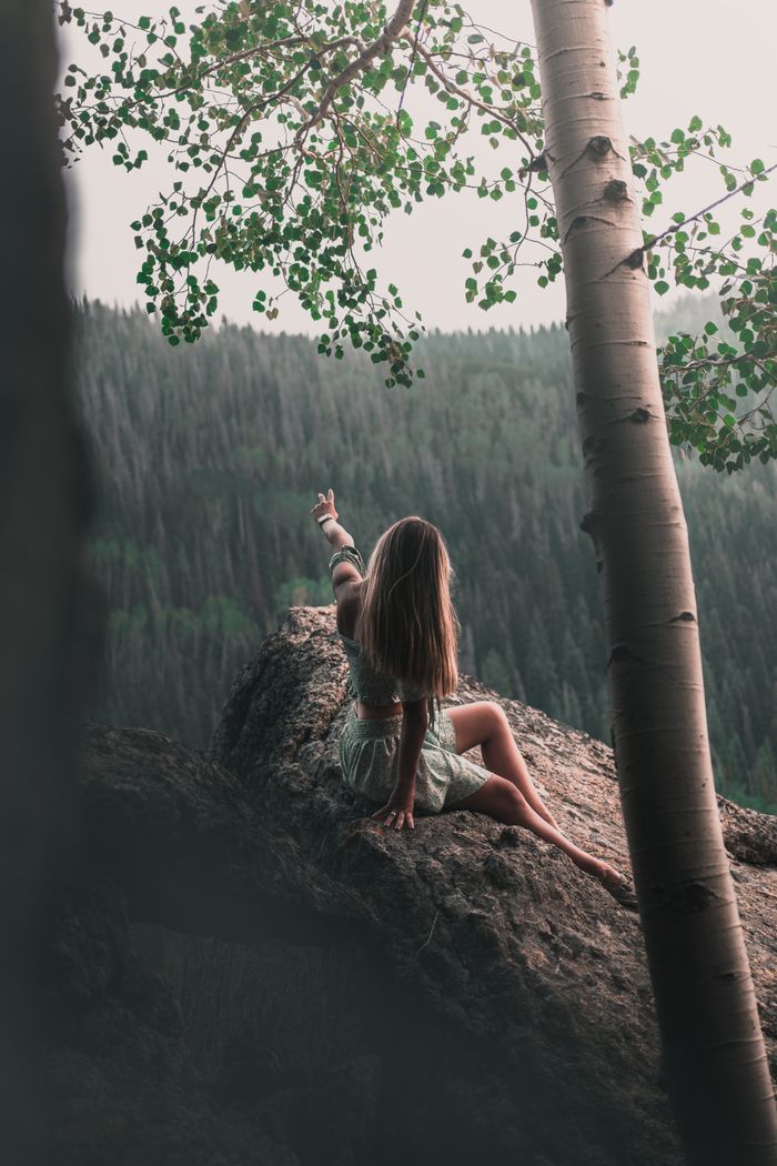 A woman sits on a rock amidst a forest, pointing towards the distant mountains.